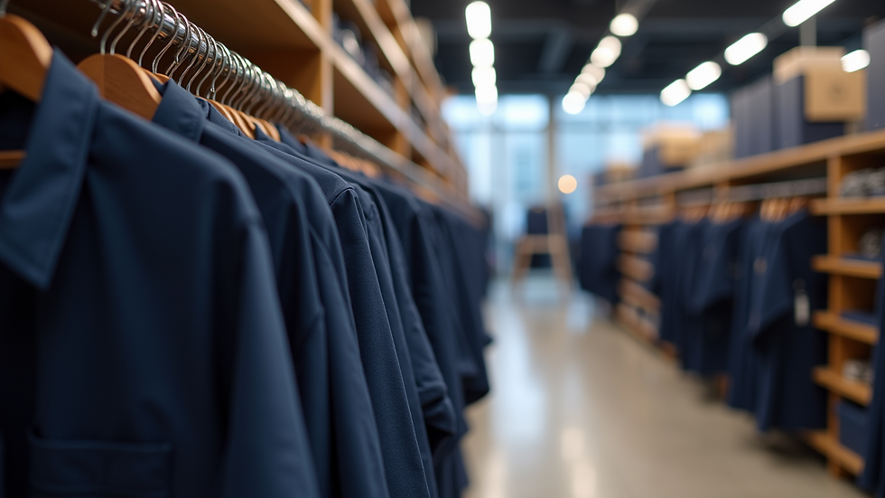 Eye-level view of a neatly arranged rack of pre-designed staff uniforms in a retail store