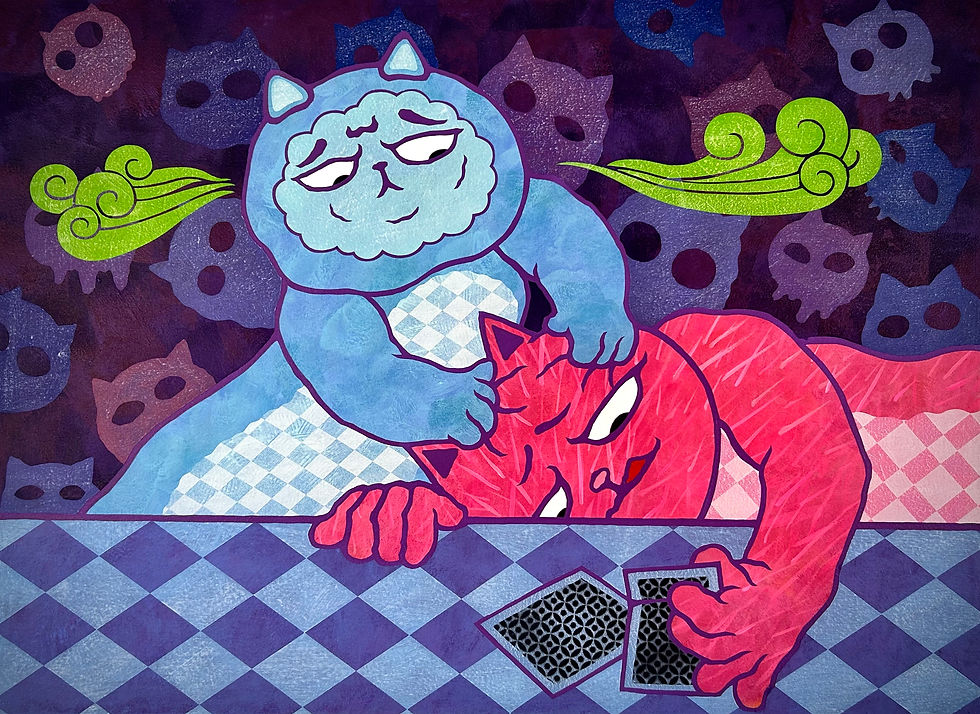 紅藍戰士-吹牌術-72X53CM,壓克力顏料.畫布,2026,廖堉安