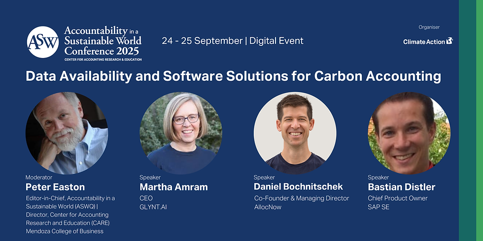 Speakers at the Accountability in a Sustainable World Conference 2025, including AllocNow’s Co-Founder Daniel Bochnitschek, discussing carbon accounting software and data availability.
