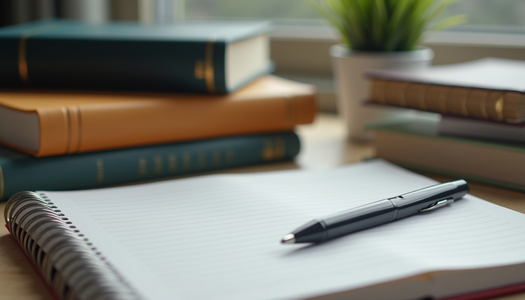 Close-up of study materials and notes organized on a desk