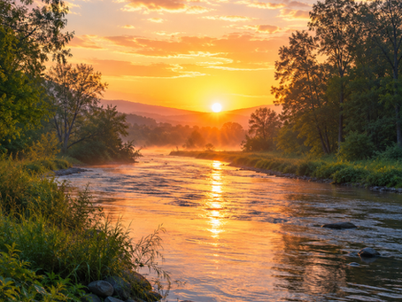 Peaceful river flowing through nature at sunrise, symbolizing mindfulness, presence, and finding joy in everyday life.