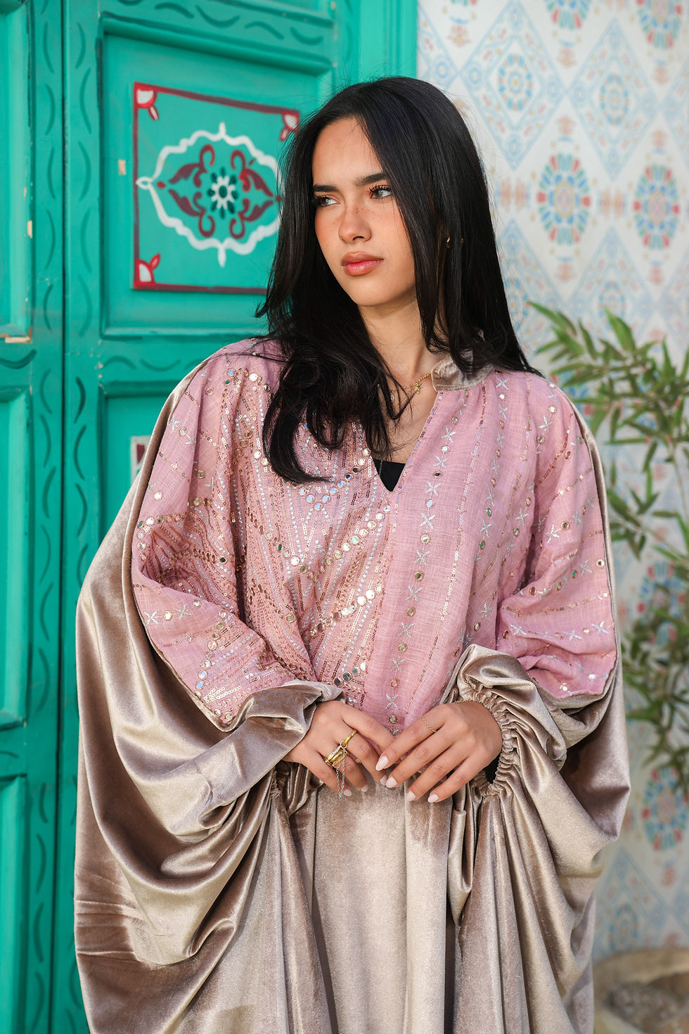 Thumbnail: Khadja embroidery velvet kaftan dress 