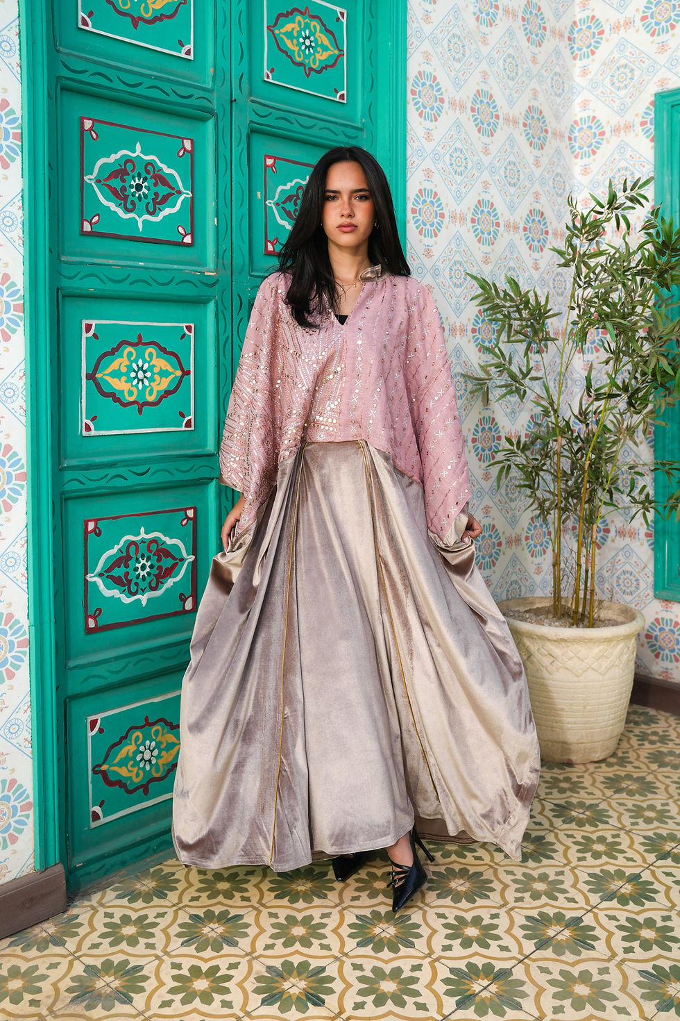 Thumbnail: Khadja embroidery velvet kaftan dress 