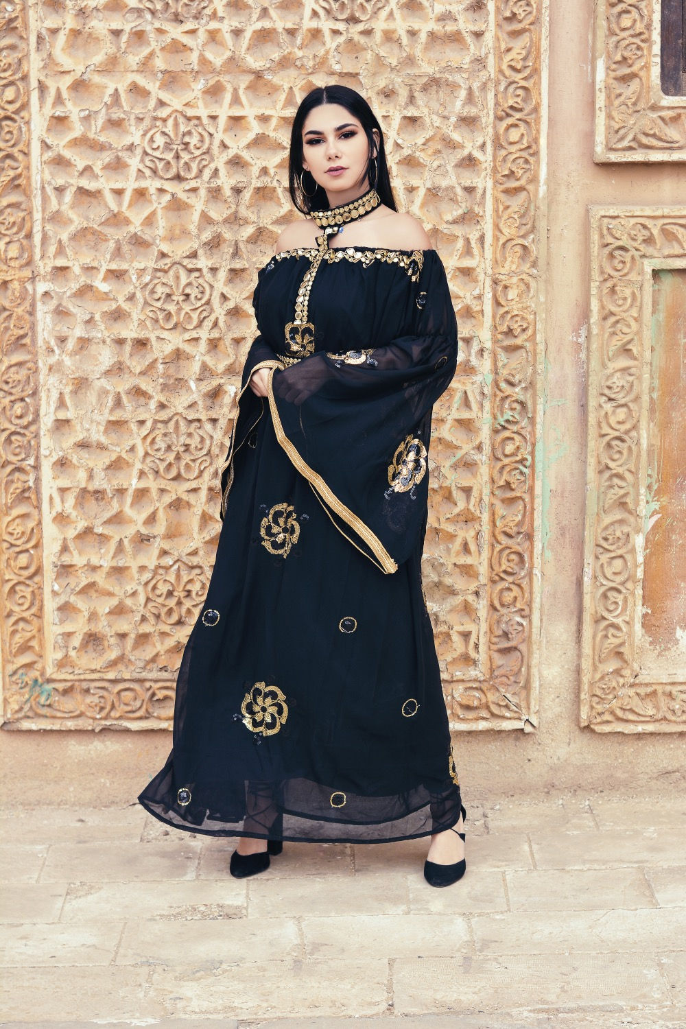 The off shoulder  embroidery  kaftan dress