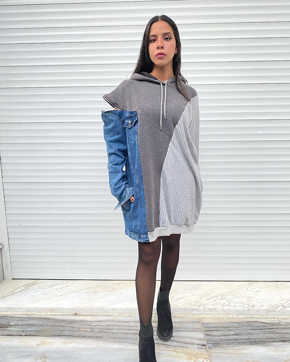 Thumbnail: The denim patch work  sweatshirt dress