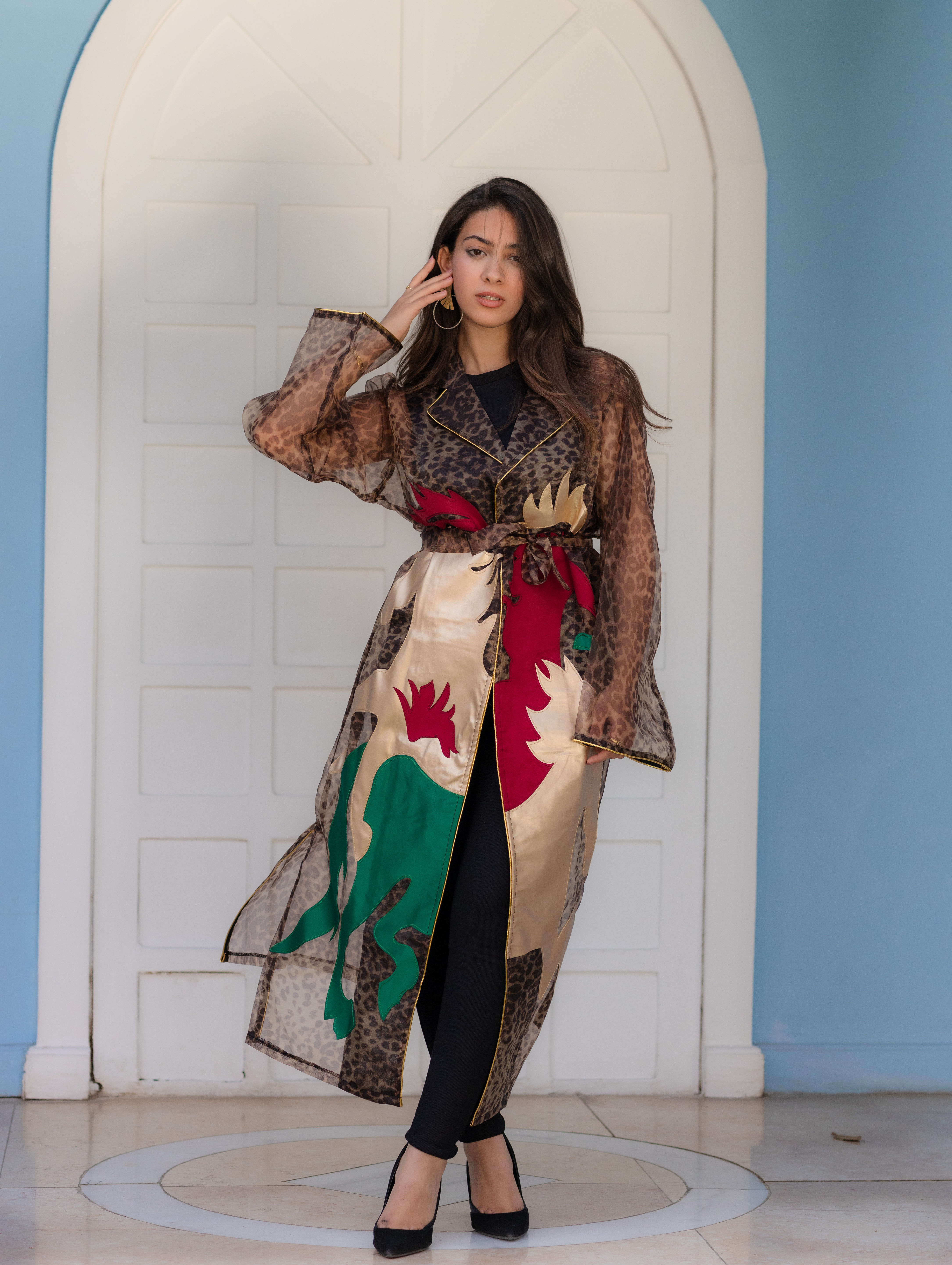 Hadia embroidery leopard organza cardigan 