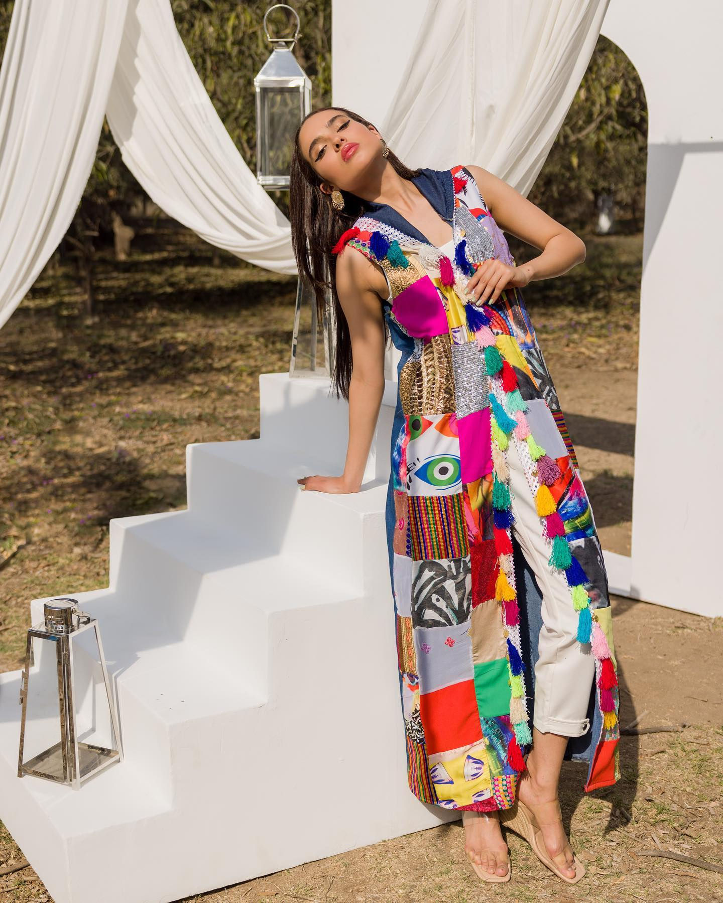 The denim patch work fringes vest