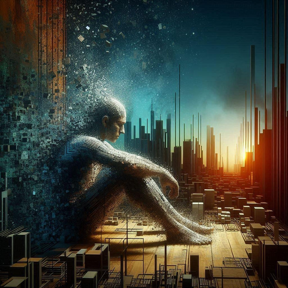 AI image of man sitting overlooking city and slowly fading away due to depression