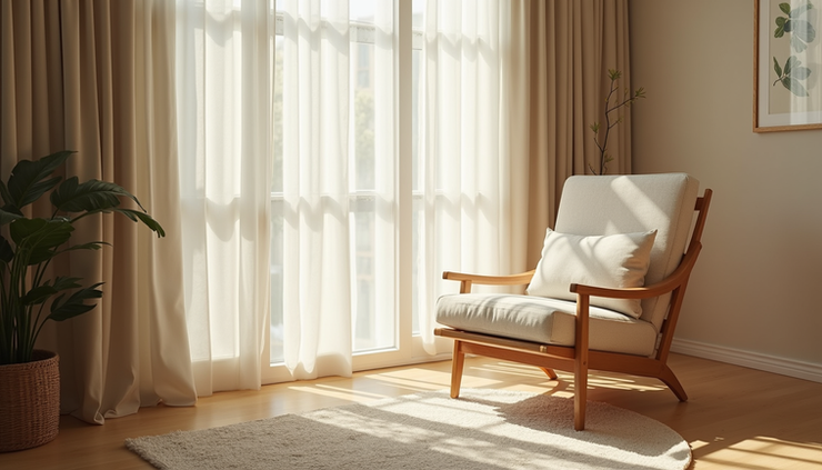 Eye-level view of a peaceful room with a cozy chair and soft natural light