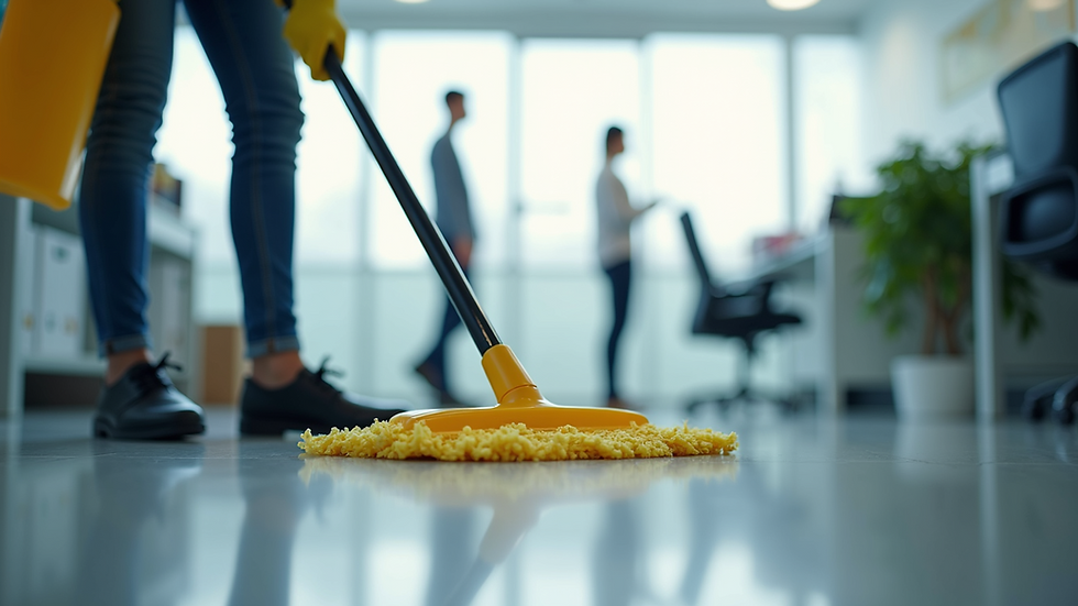 Eye-level view of a professional cleaner using eco-friendly products in an office
