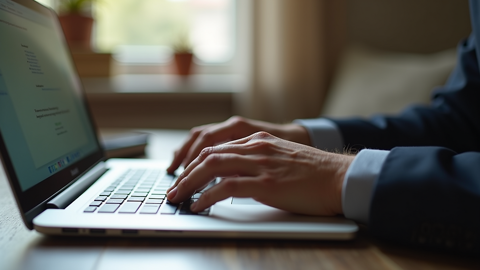 Close-up view of a writer's hands typing on a laptop