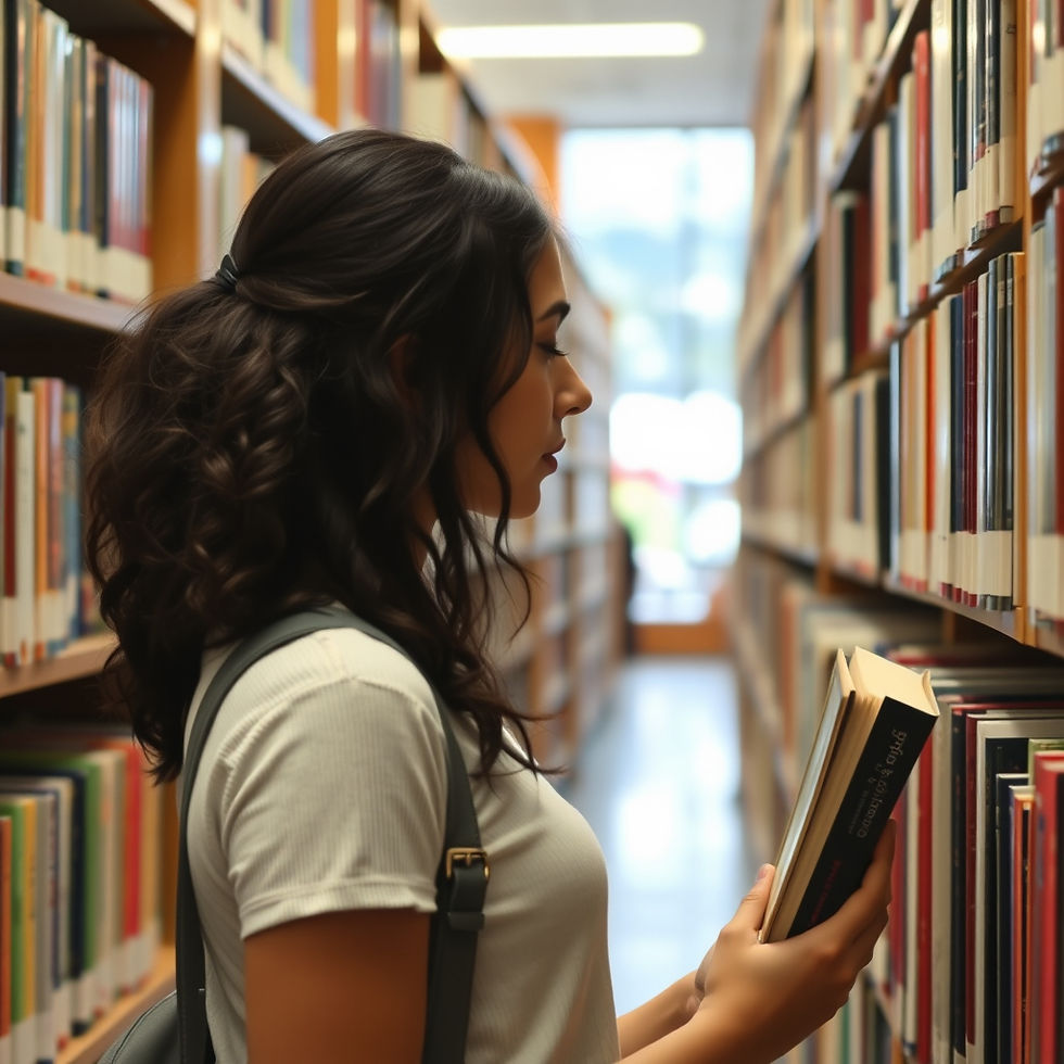 Young woman in a library aisle studies a book, surrounded by tall shelves, in a calm, focused scene.
