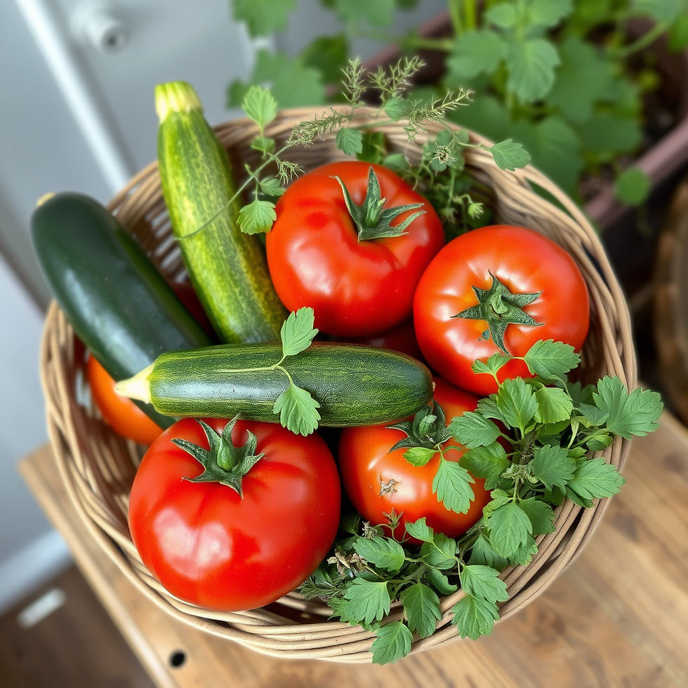 Basket of fresh red tomatoes, zucchini and herbs on a wooden table, with a garden background.