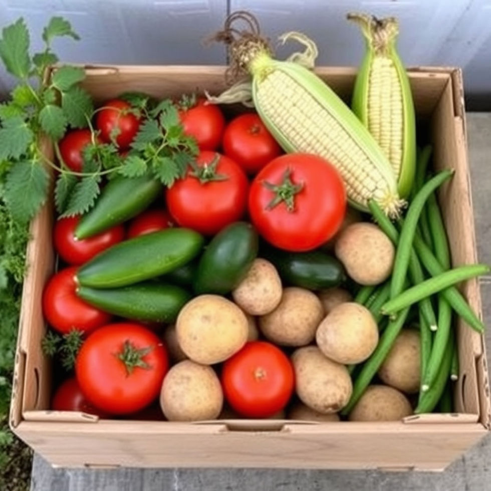 Cardboard crate filled with fresh tomatoes, corn, peppers, potatoes, and green beans, with cilantro on top, outdoors.