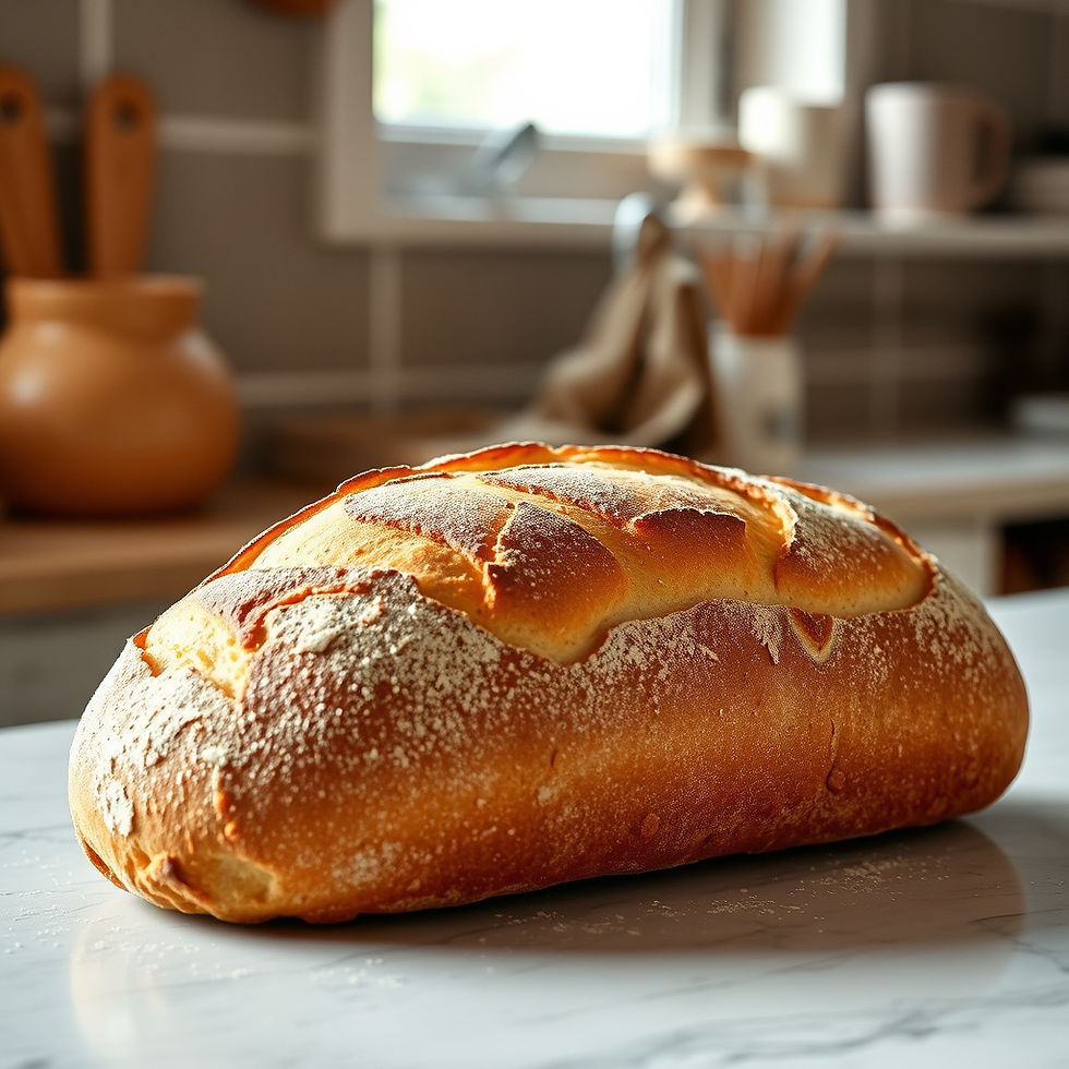 Fresh rustic loaf of bread on a kitchen counter, sunlit with a golden crust and flour dusting.