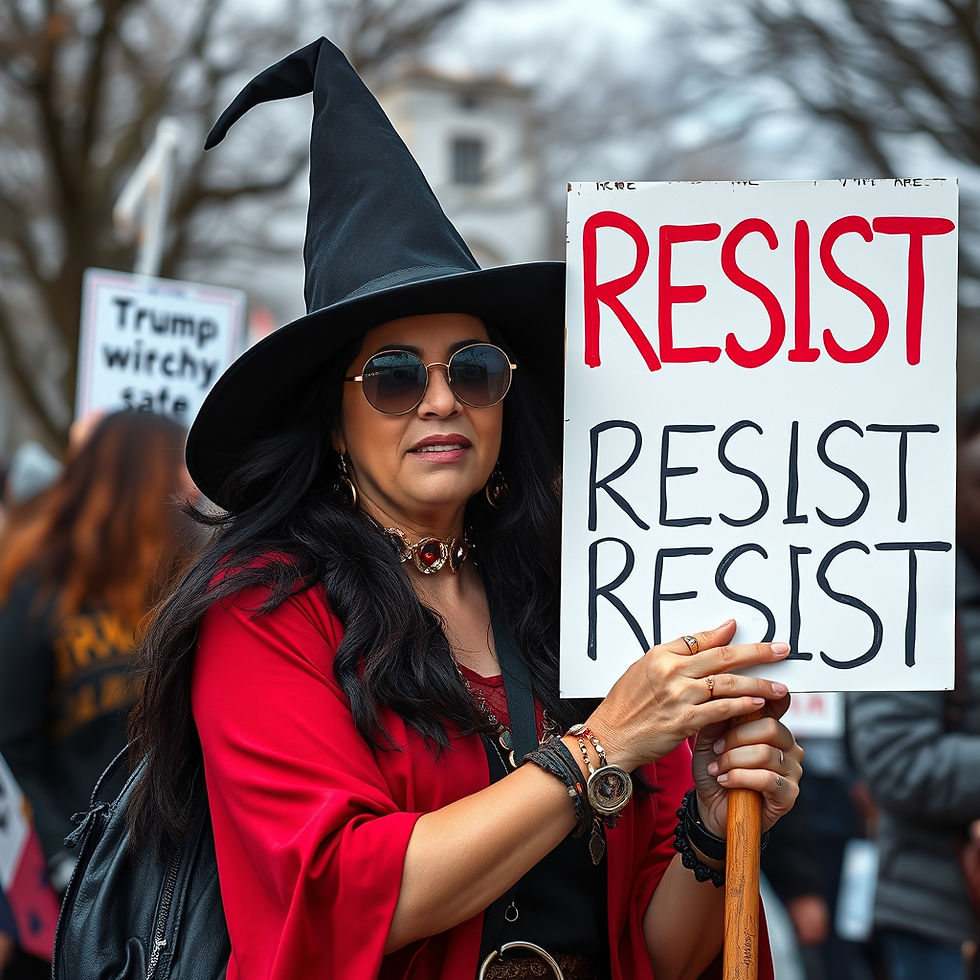 Woman in a witch hat holding a "RESIST" sign at a protest. She's wearing sunglasses and a red outfit. Trees and blurred signs in background.