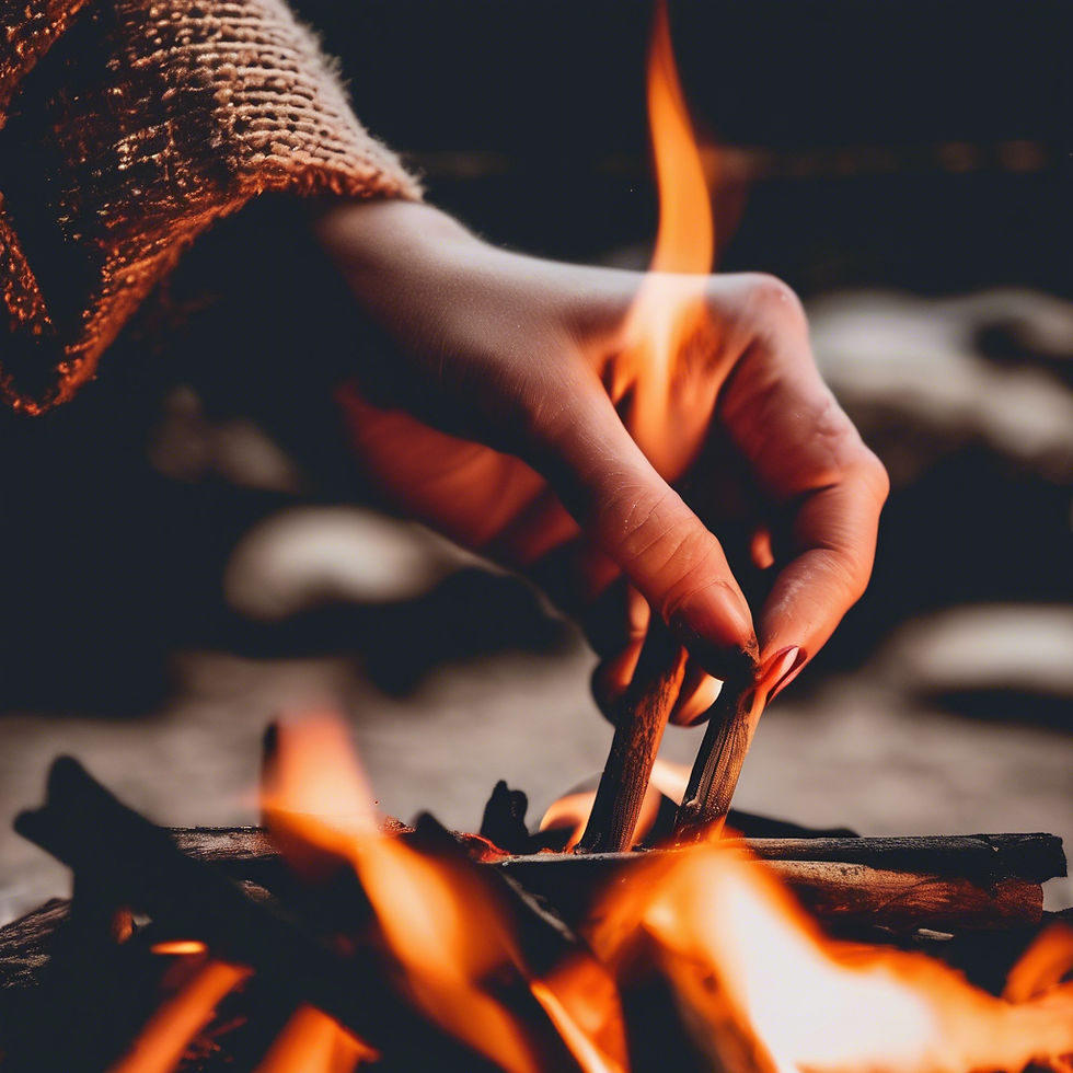 A hand in a wool sweater adds sticks to a glowing campfire. Warm orange flames flicker, evoking a cozy, serene atmosphere.