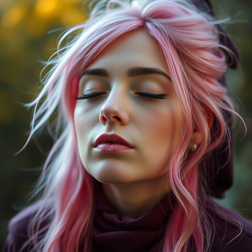 Young woman with pink hair and closed eyes, wearing a dark top, in a serene outdoor setting with blurred yellow and green background.