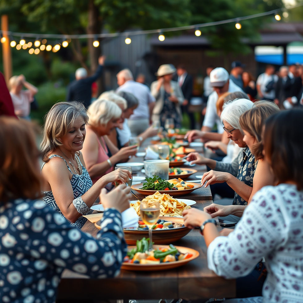 Outdoor dinner party with adults sharing food at a long table under string lights in a garden, smiling and chatting.