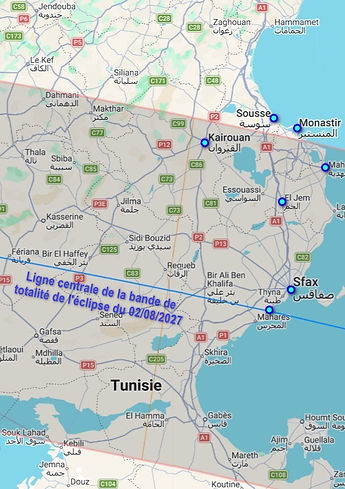 trajectoire de l'éclipse totale de Soleil du 2 août 2027 en Tunisie. Sites visités lors du séjour de Cap Astro. Voyage de 7 jours.