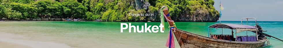 Longtail boat on a sandy beach with clear turquoise water and lush green cliffs. Text: "Things to do in Phuket." Bright, tropical vibe.