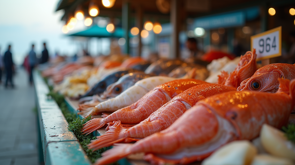 Eye-level view of fresh seafood at a beachside market