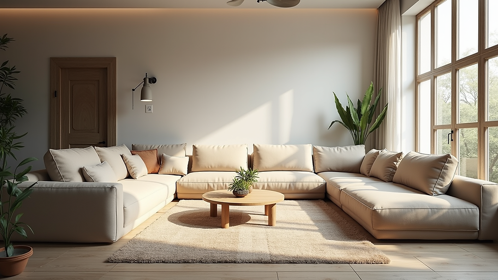 Eye-level view of a modern living room with natural light