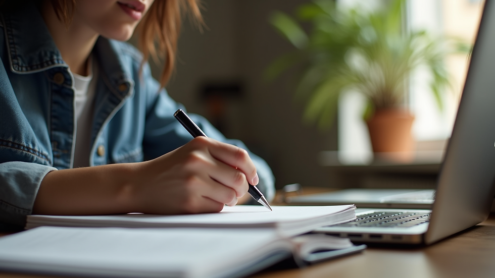 Close-up of a student studying with books and a laptop in a well-lit room