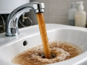 Brown discoloured water flowing from bathroom tap into basin indicating water quality issue