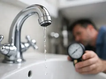 Low water pressure from a bathroom tap with a plumber using a pressure gauge to diagnose the issue in a residential sink setup