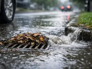 Stormwater drain clogged with leaves and debris, with rainwater overflowing onto the road beside a curb.