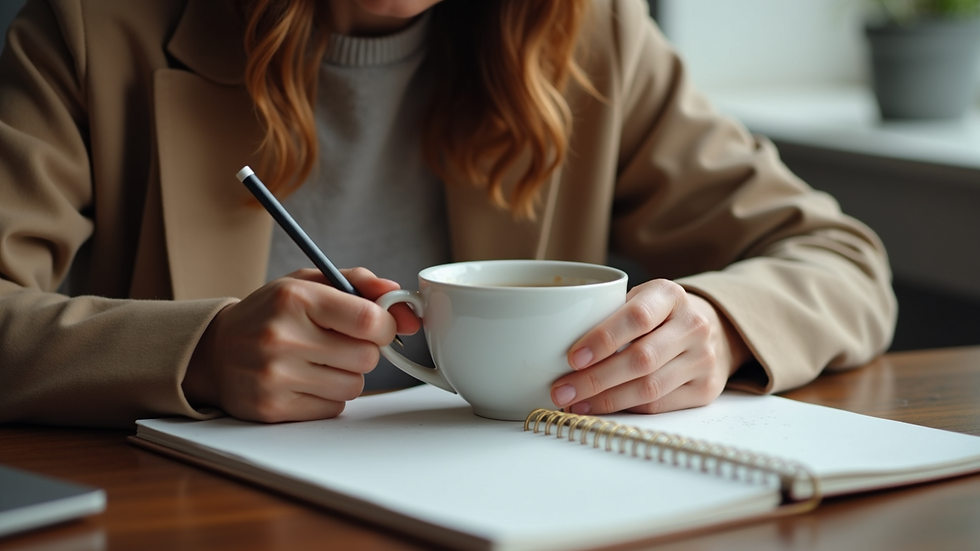 Close-up view of a woman journaling with a cup of tea