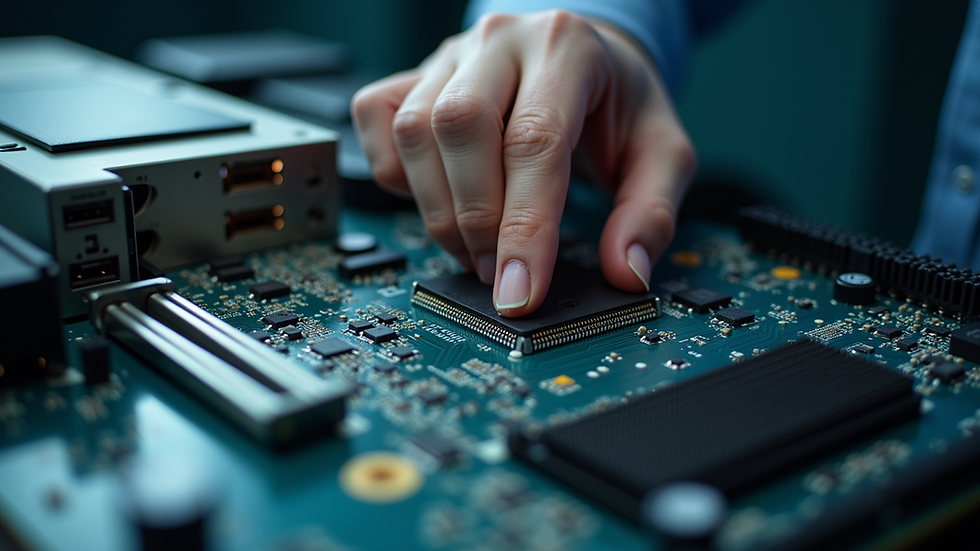 Close-up view of a technician inspecting a computer motherboard