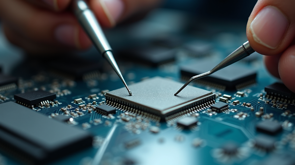 Close-up view of a computer motherboard being repaired with precision tools