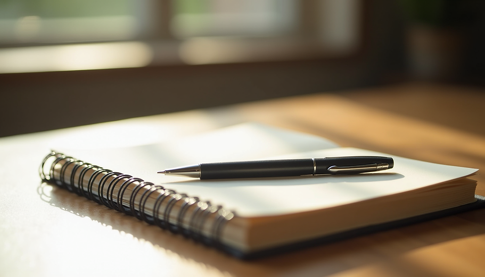 A pen rests on an open spiral notebook in soft sunlight on a wooden table. Blurred background suggests a calm, productive setting.