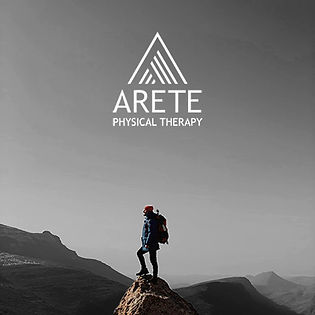 Arete Physical Therapy logo overlying image of man on top of mountain