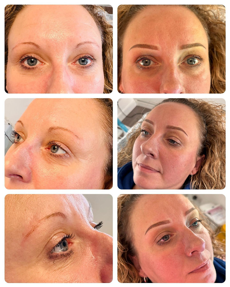 Eye-level view of powder brows healing with soft natural color and slight skin texture