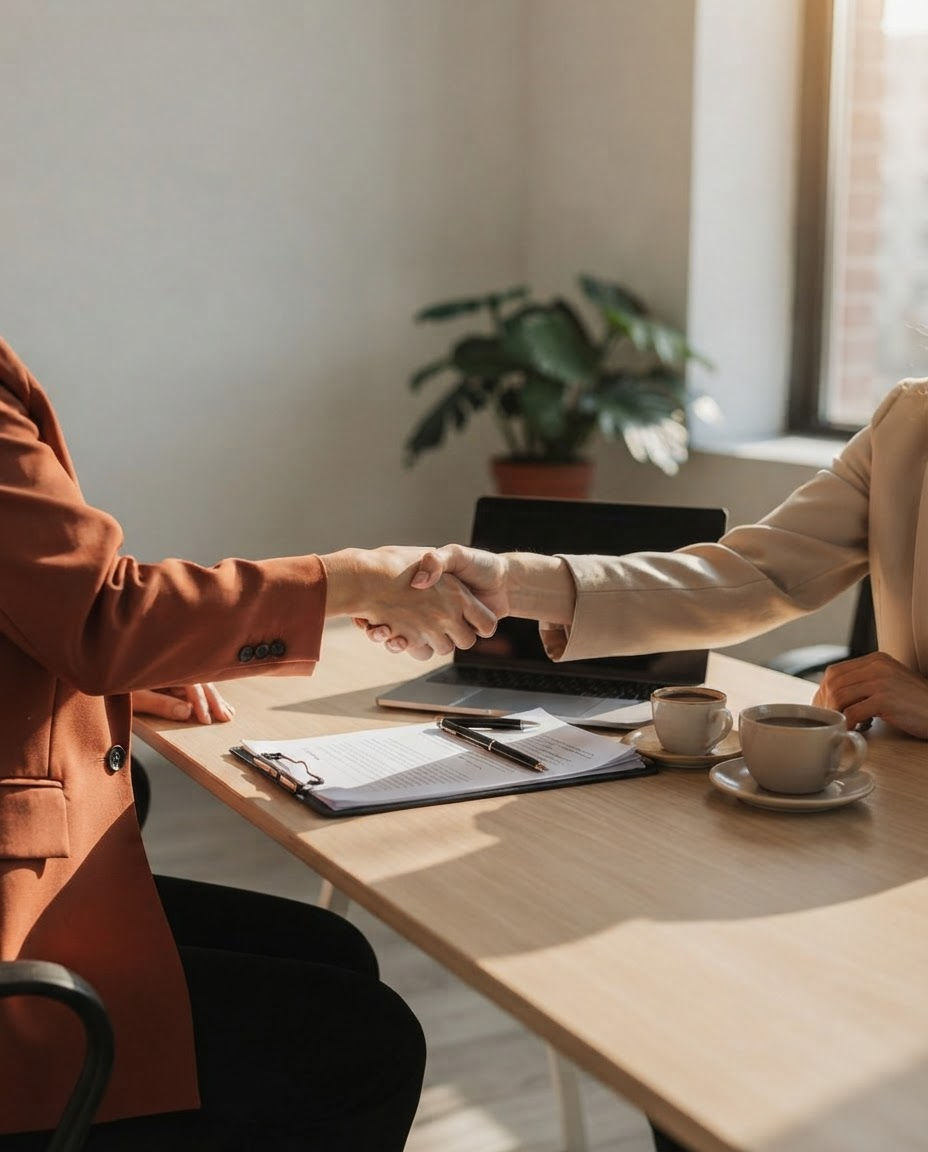 Two professionals shaking hands at odlotech office desk.