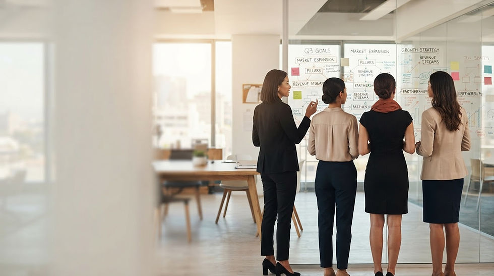 Four women at Odlotech collaborating on a glass whiteboard