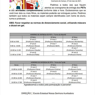 Entrega de PET e atividades complementares