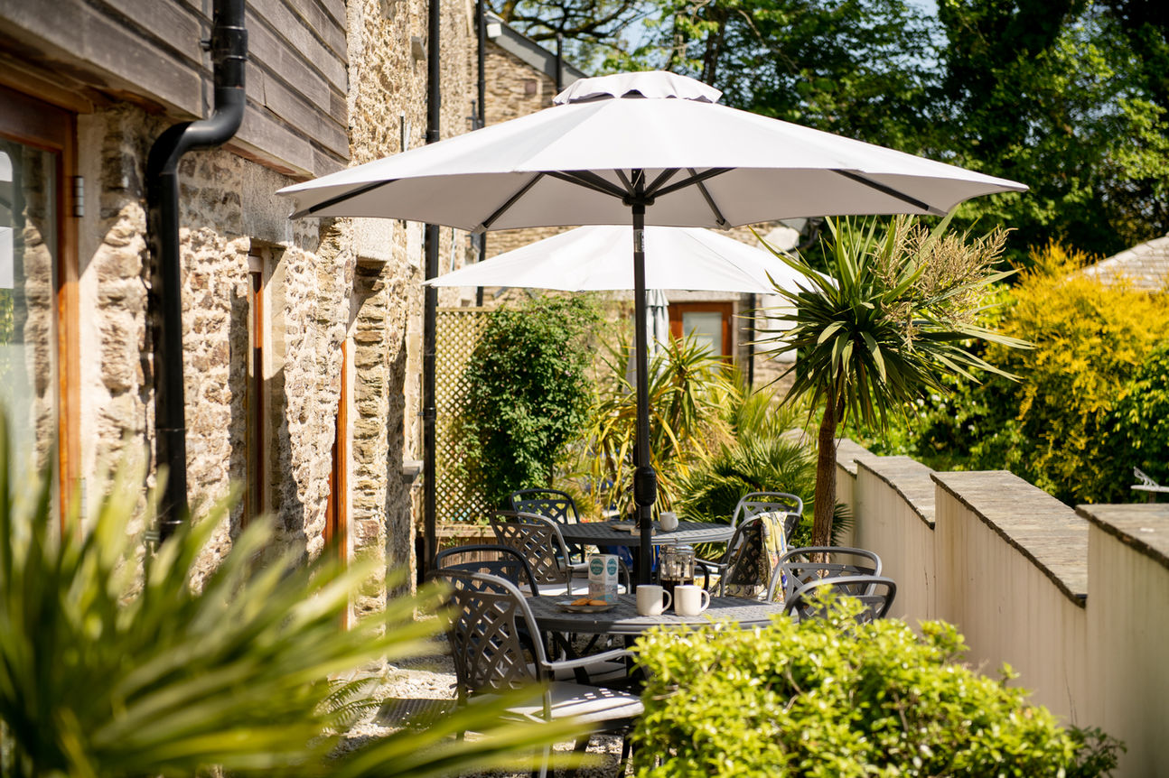 Garden seating and parasols surrounded by potted palms and shrubs.