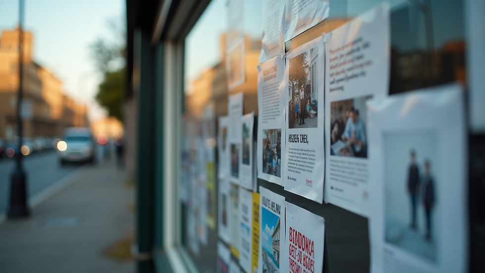 Eye-level view of a community notice board filled with colorful flyers