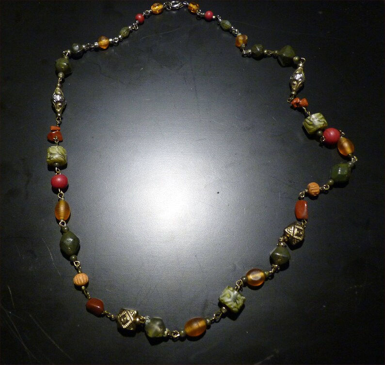 Miniature : Multi-beaded 28" Necklace with Lobster Clasp -- Jasper -- Non-magnetic Silver