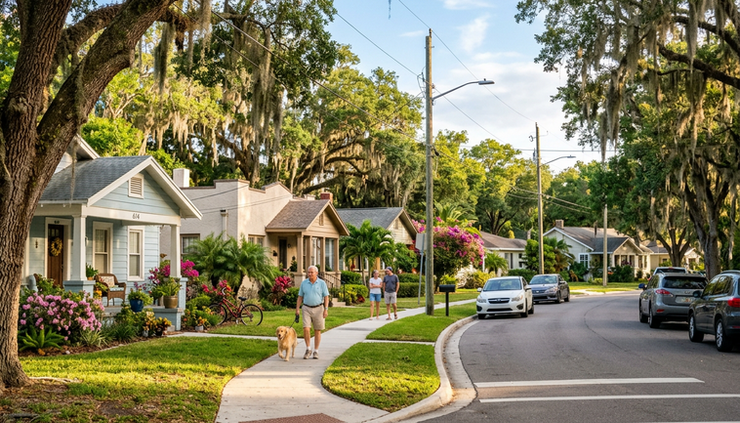 Wide-angle view of a quiet Orlando neighborhood street lined with trees and homes