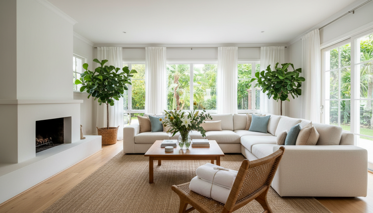 Wide-angle view of a clean vacation rental living room ready for new guests