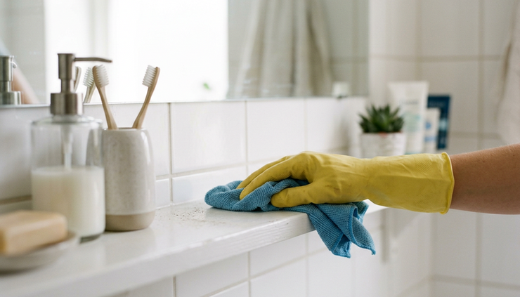 Close-up view of a microfiber cloth wiping dust from a bathroom shelf