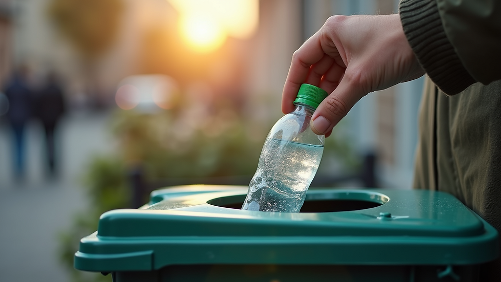 Close-up view of a hand placing a plastic bottle into a recycling bin