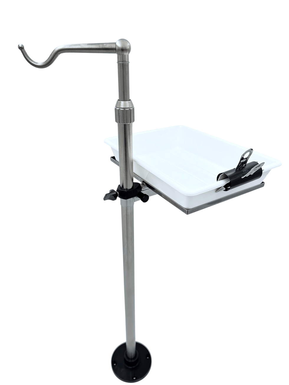 Potence télescopique TECHDENT avec kit tablette Réf. 5235 — bac de rangement et tablette inox montés sur potence