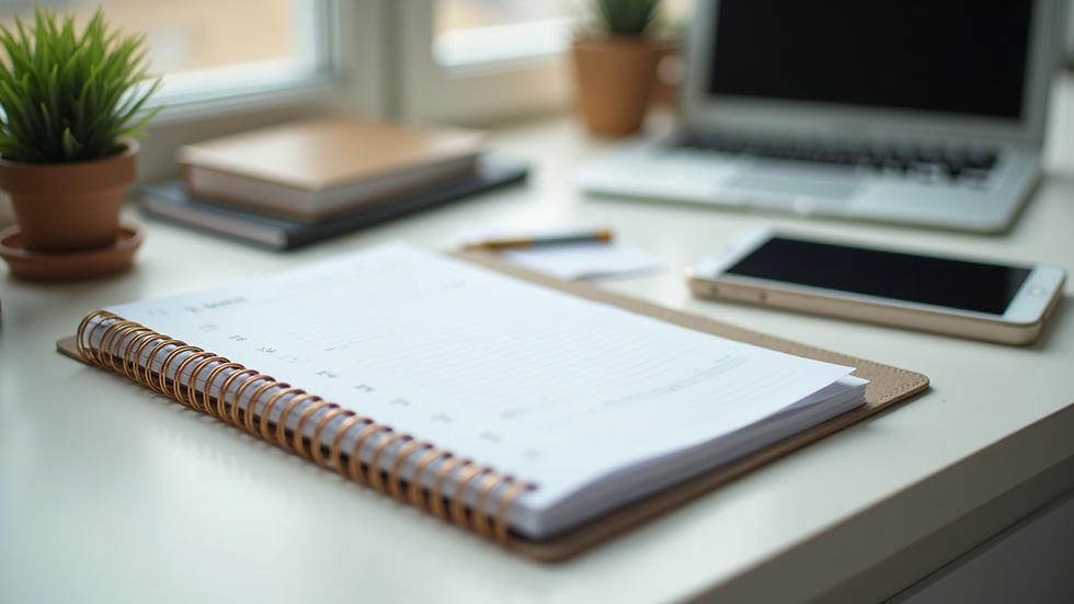 Eye-level view of a neatly organized workspace with a planner and stationery