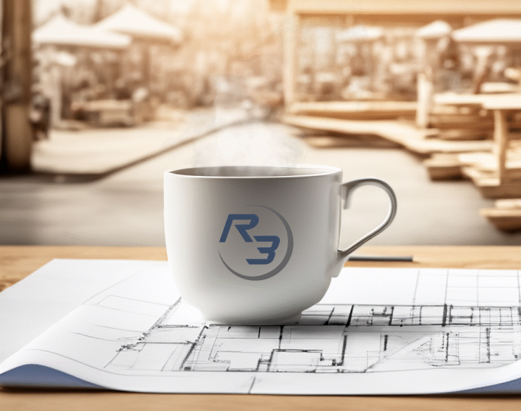 R3 Builders logo on steaming coffee cup, blueprints